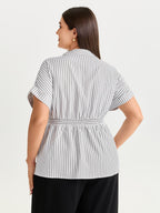Striped Print Cinched-Waist Button-Down Shirt
