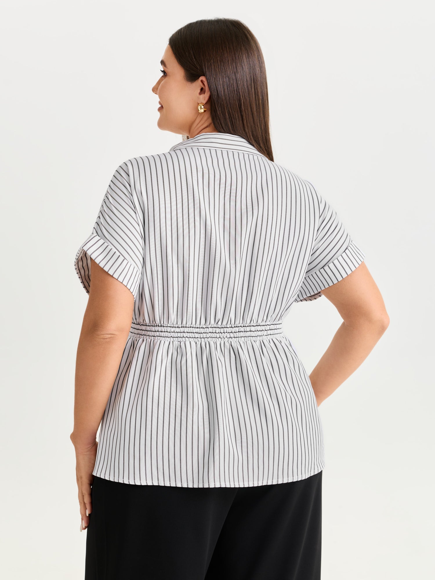 Striped Print Cinched-Waist Button-Down Shirt
