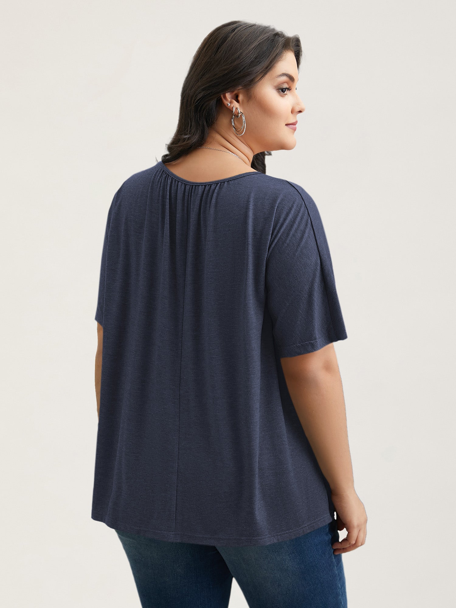Pleated Plain Half-Sleeve Knit Top