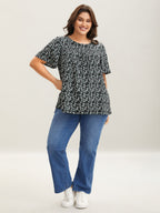 Floral Ruffle Sleeve Gathered Round Neck Blouse