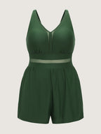 Sheer Mesh Panel V-Neck One-Piece Swimsuit