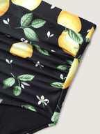 Lemon Print Pleated Tummy-Control Bikini Bottoms