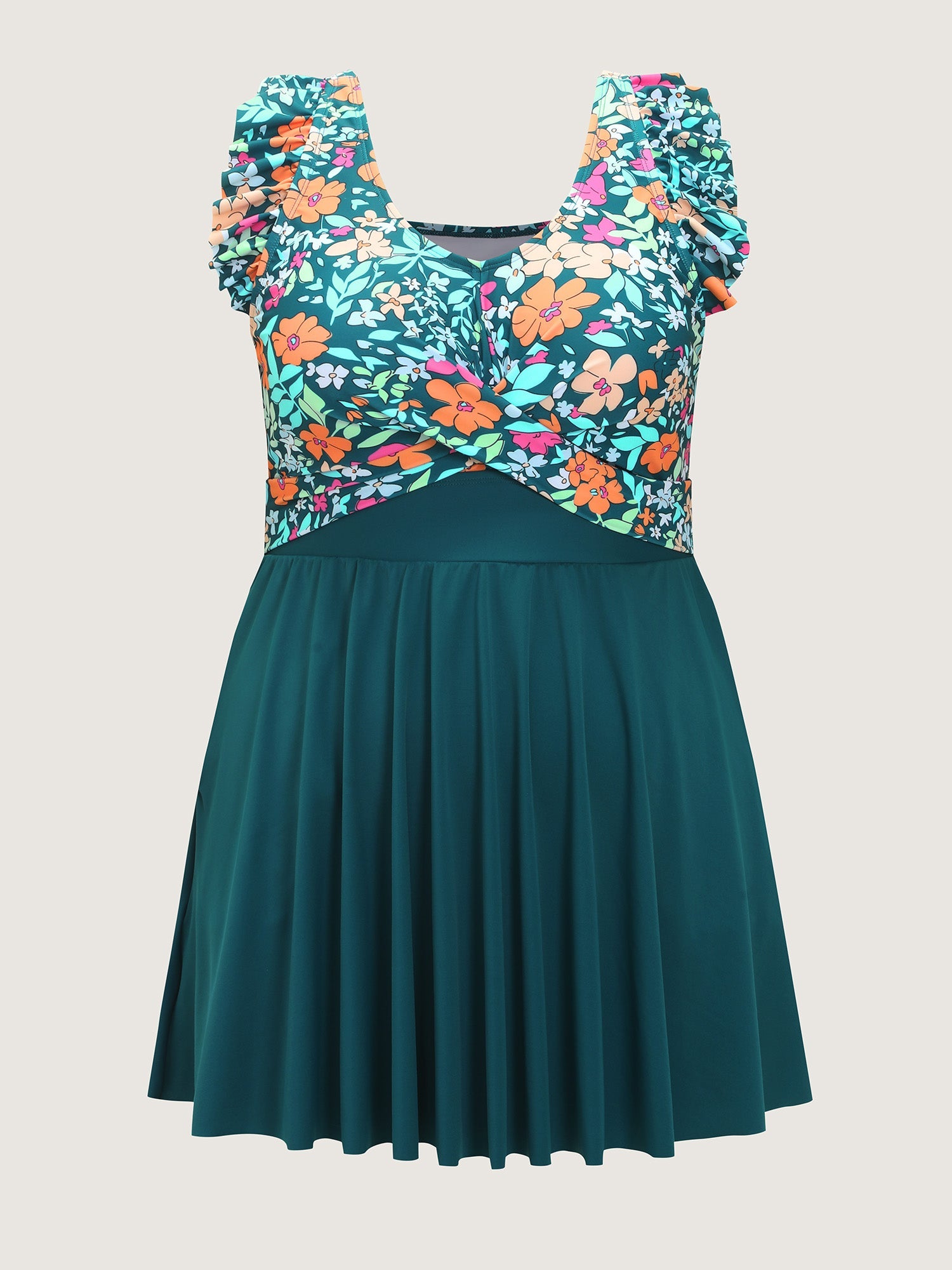 Floral Print Color Contrast Pockets Swim Dress