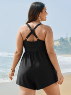 Bow-Tie Color Contrast Shirred Swim Romper