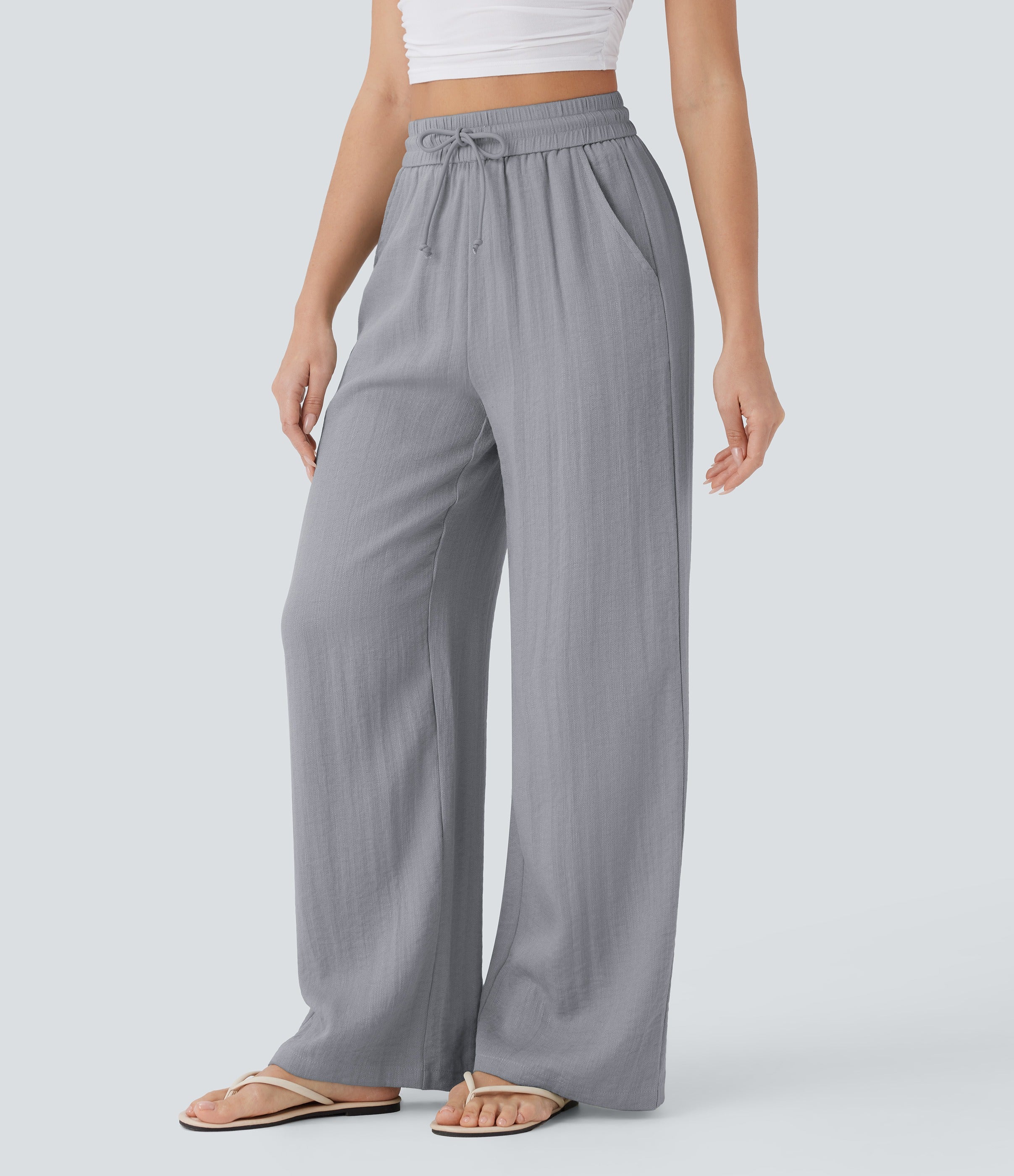 2026🔥 High Waisted Drawstring Pocket Wide Leg Casual Linen-Feel Pants