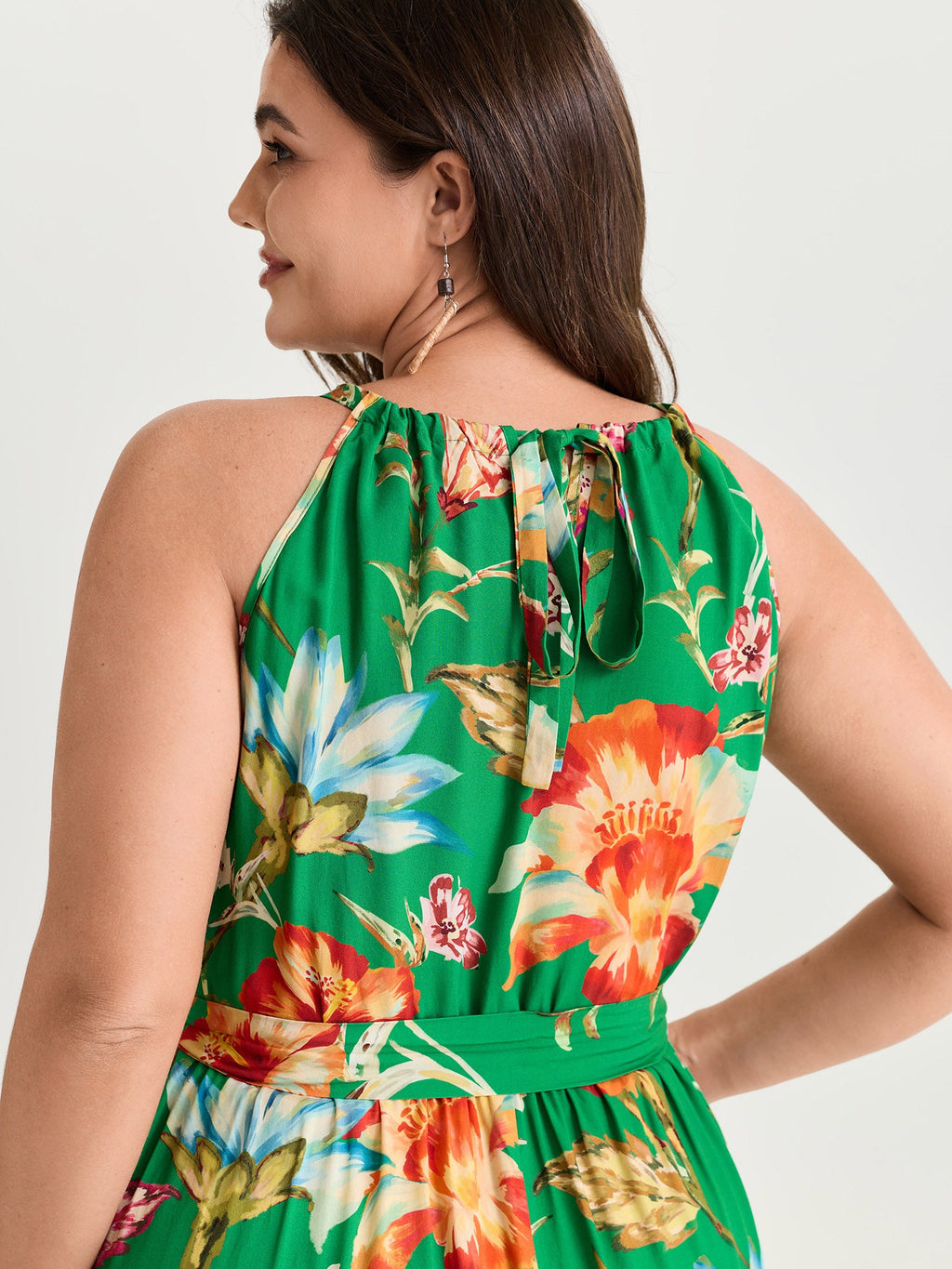 Large Floral Print Halter Neckline Midi Dress