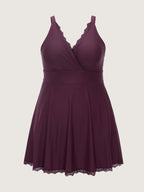 Sheer Lace Neckline Pockets Swim Dress