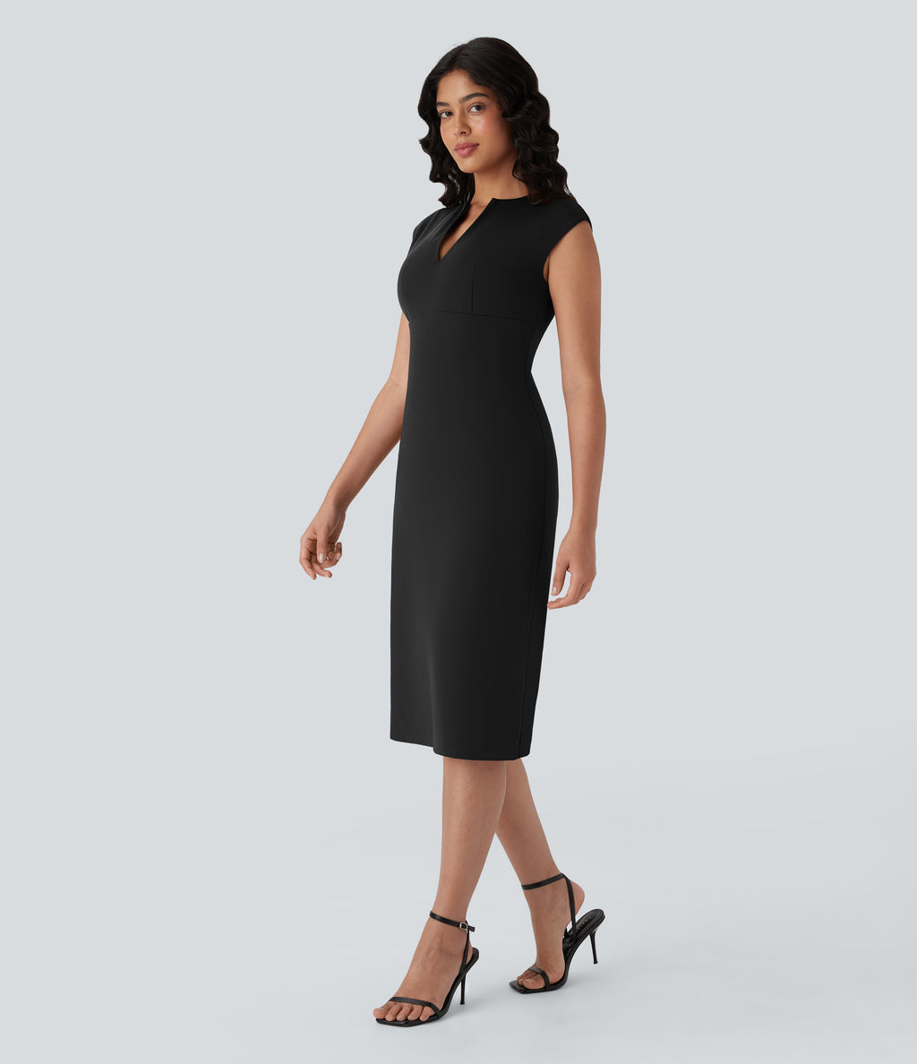 V-neck Zipper Bodycon Midi Work Built-in Mesh Shapewear Dress