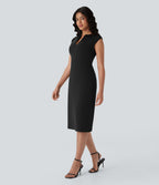 V-neck Zipper Bodycon Midi Work Built-in Mesh Shapewear Dress