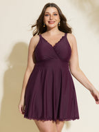 Sheer Lace Neckline Pockets Swim Dress