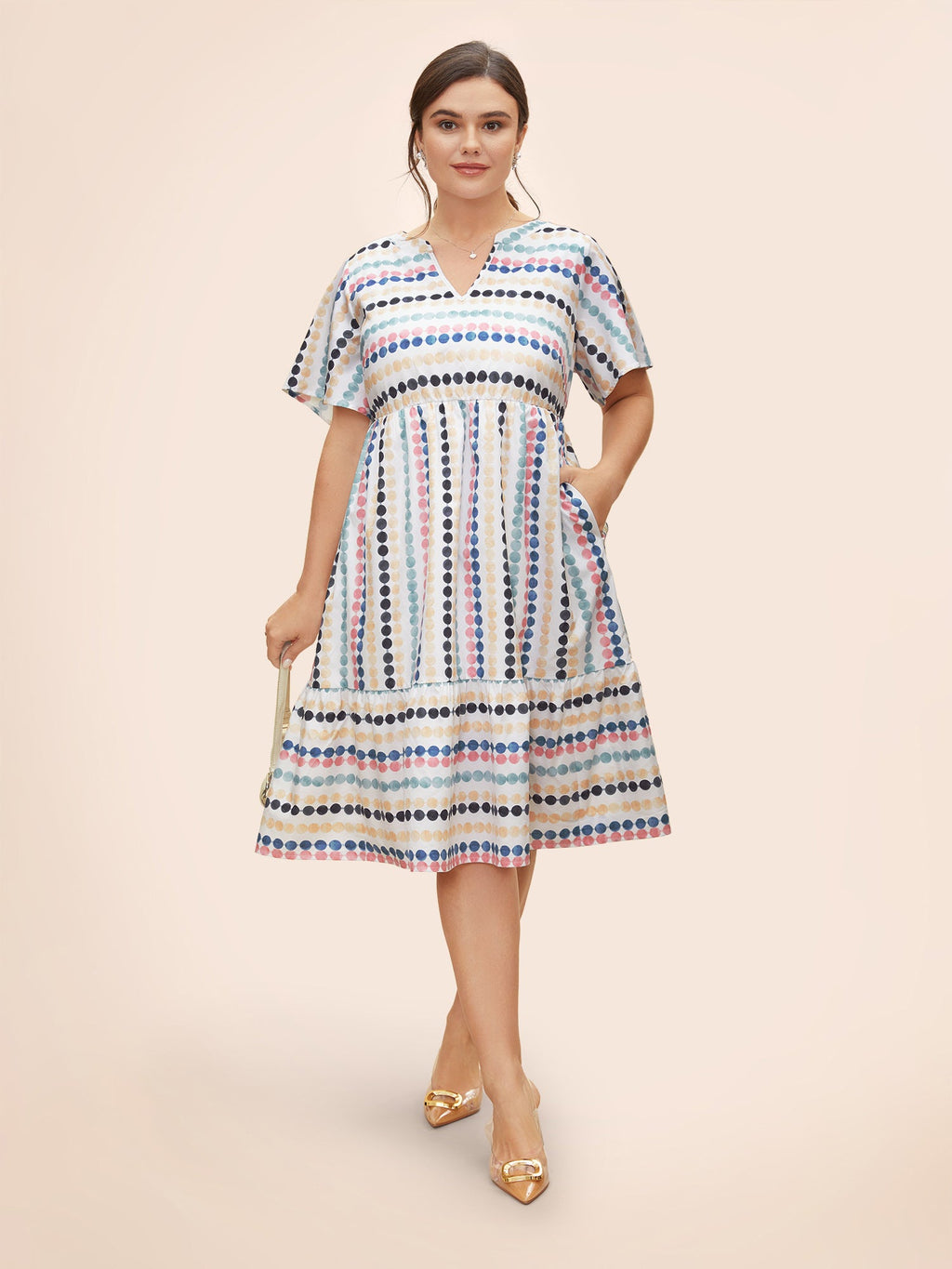 Dot Print Elastic Waist Split Neck Mini Dress