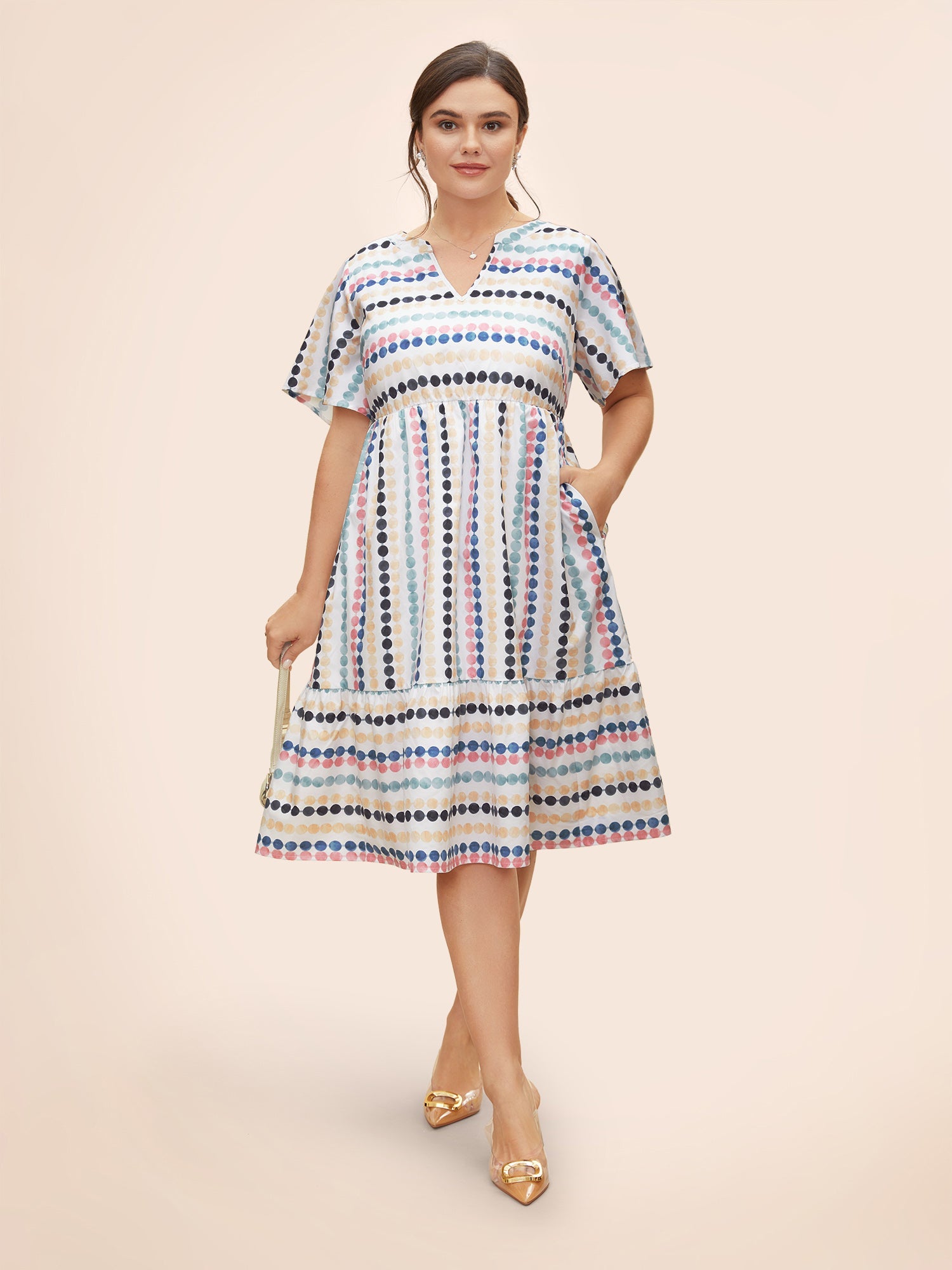 Dot Print Elastic Waist Split Neck Mini Dress