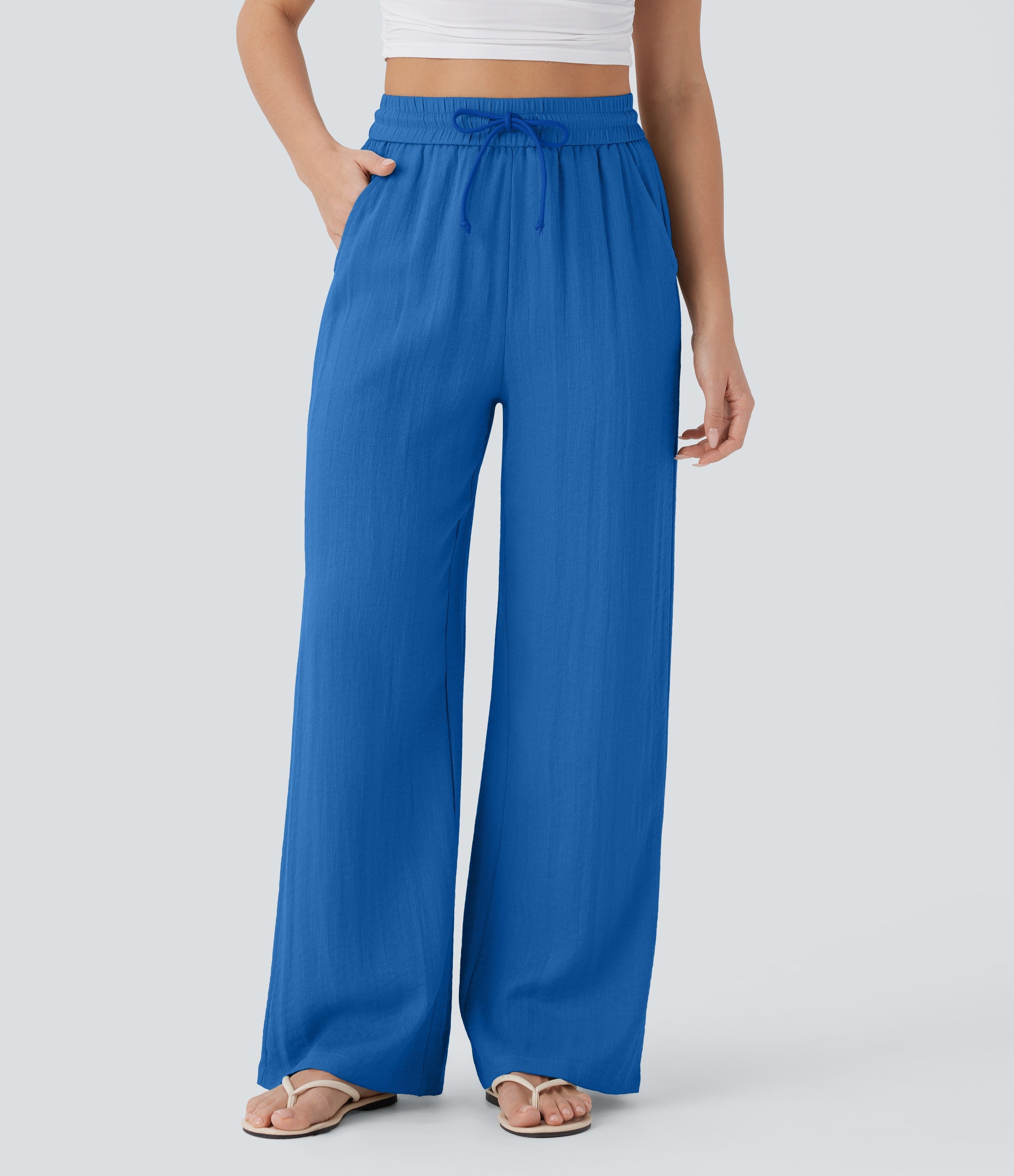 2026🔥 High Waisted Drawstring Pocket Wide Leg Casual Linen-Feel Pants