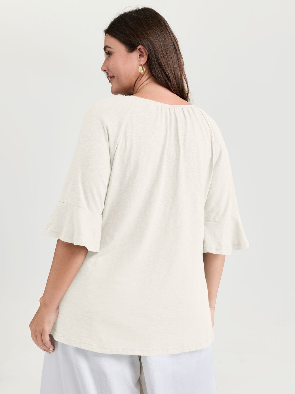 Ruffled Sleeve Shirred Neckline Plain Top