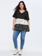 Color Contrast Floral Print Tiered Top