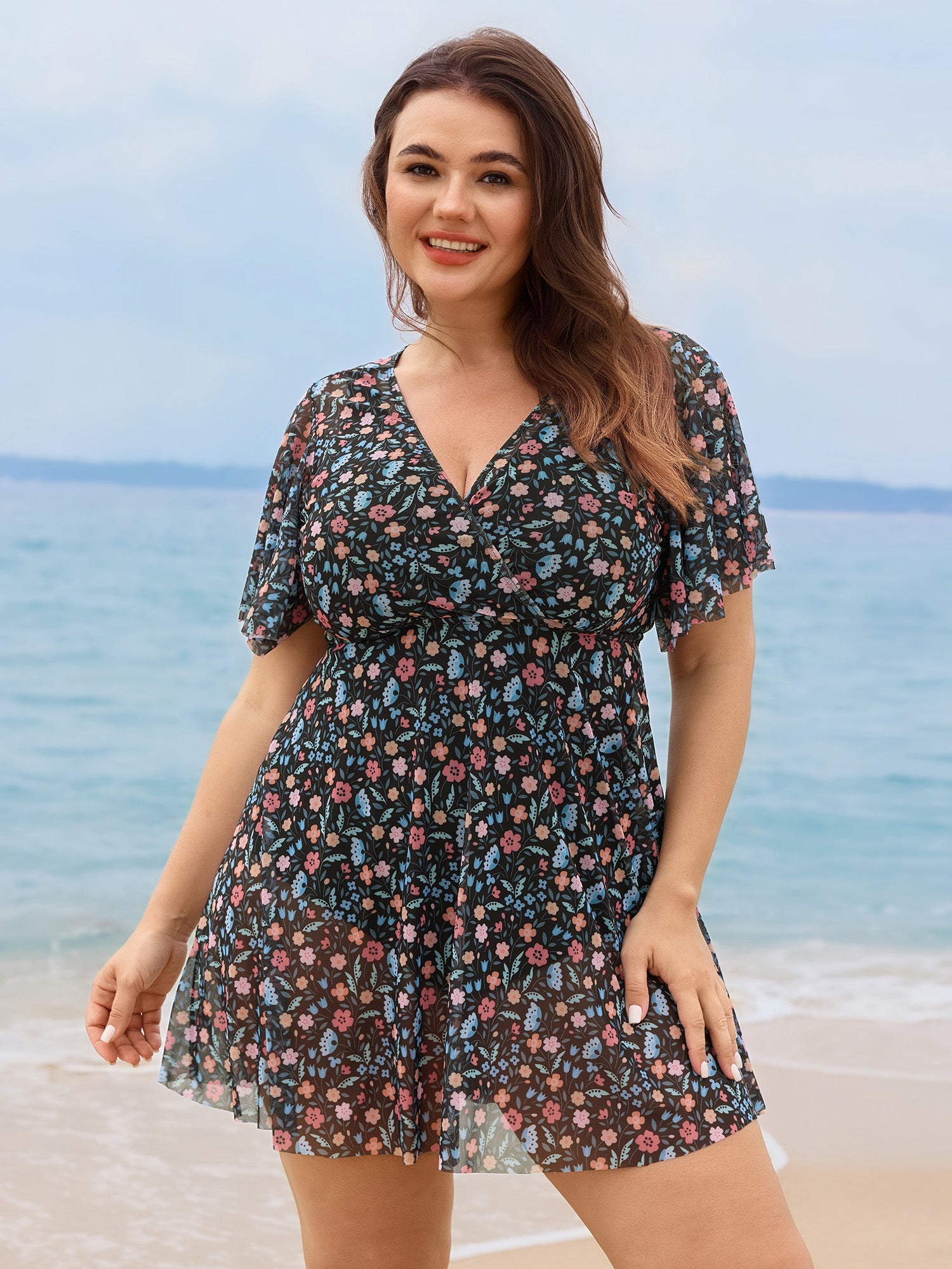 Colorful Sheer Floral Print Swim Dress