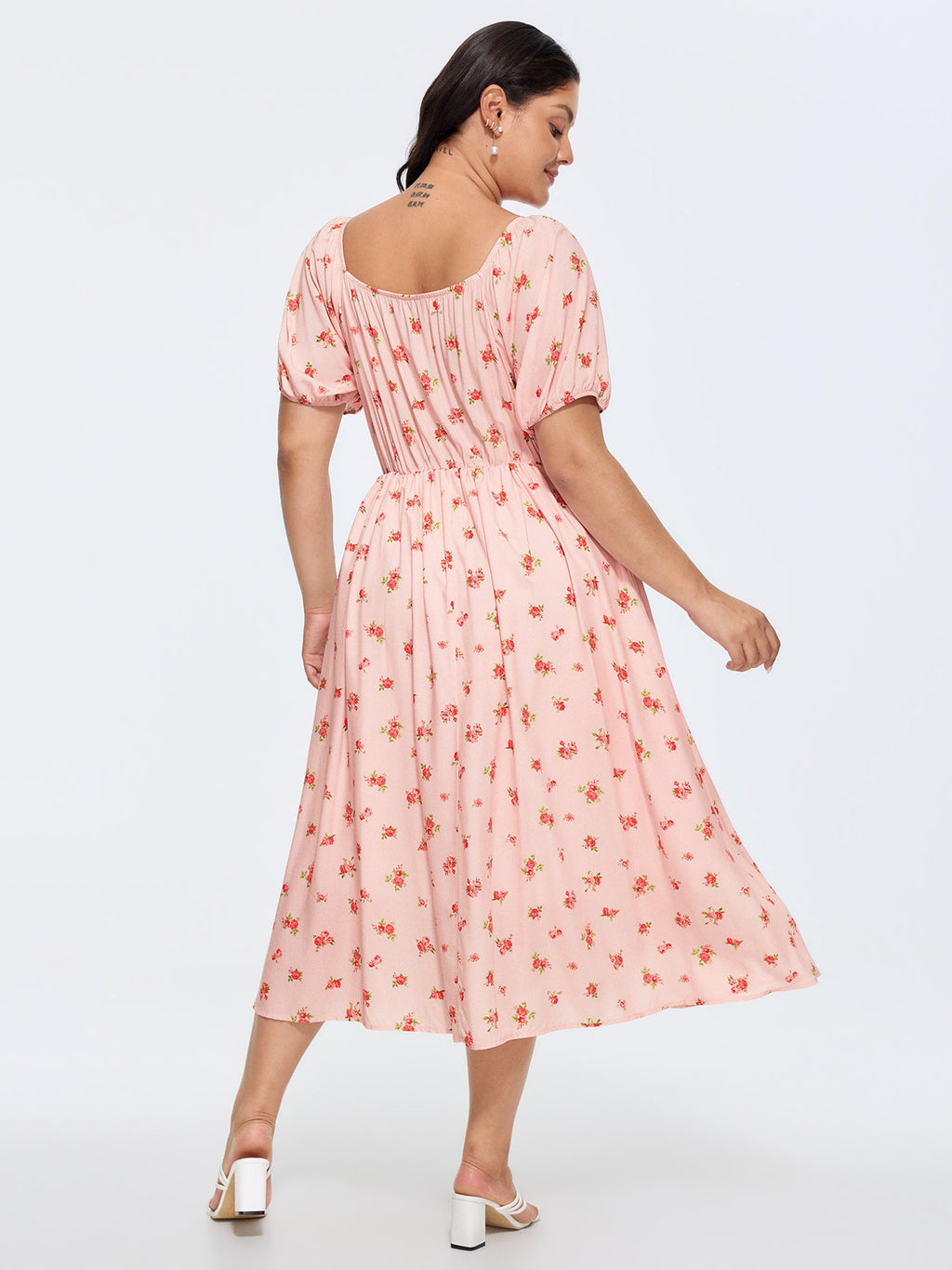 Floral Print Shirred Ruffled Neckline Midi Dress