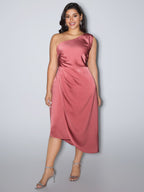 One-Shoulder Draped Asymmetrical Hem Midi Dress