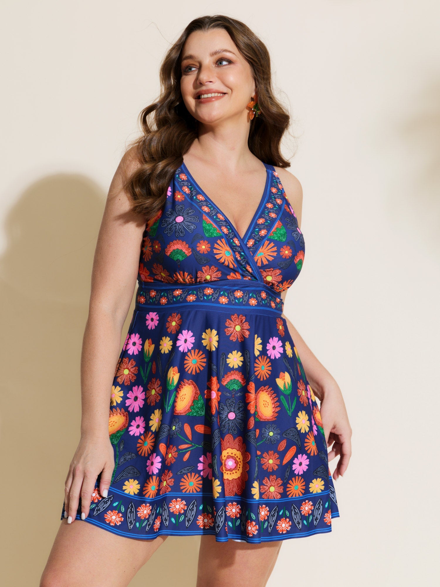 Floral Surplice Neckline Pockets Swim Dress