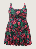 Vibrant Tropical Floral Print Pockets Swim Dress