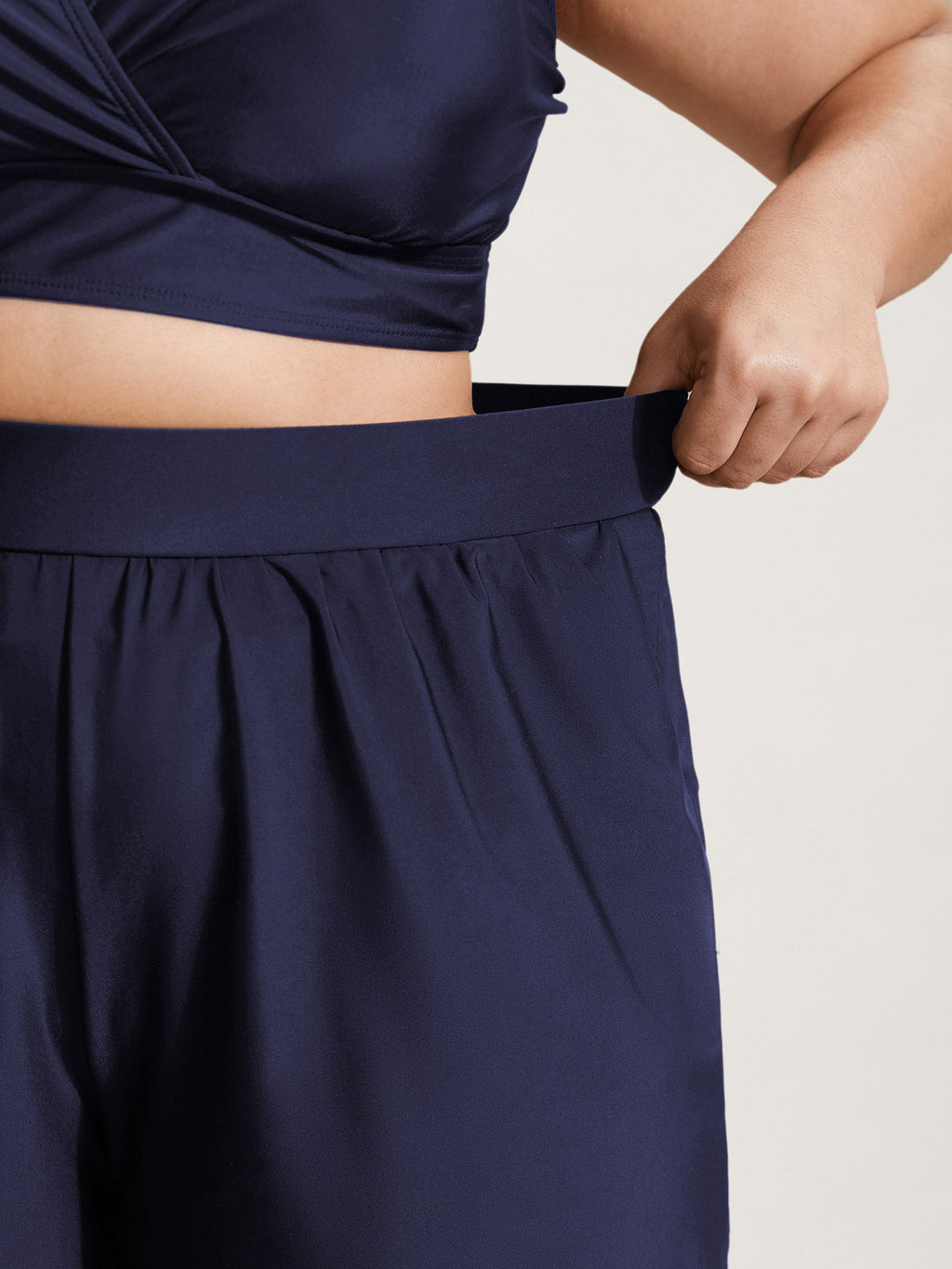 High Waisted Pockets Solid Pleated Swim Shorts