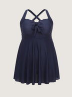 Textured Knotted Front Pockets Swim Dress