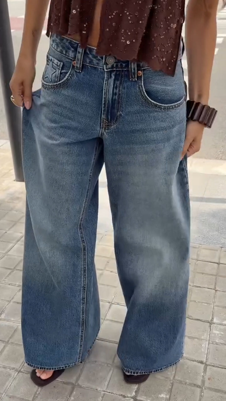 Women Wash Pocket Star Print Casual Jeans