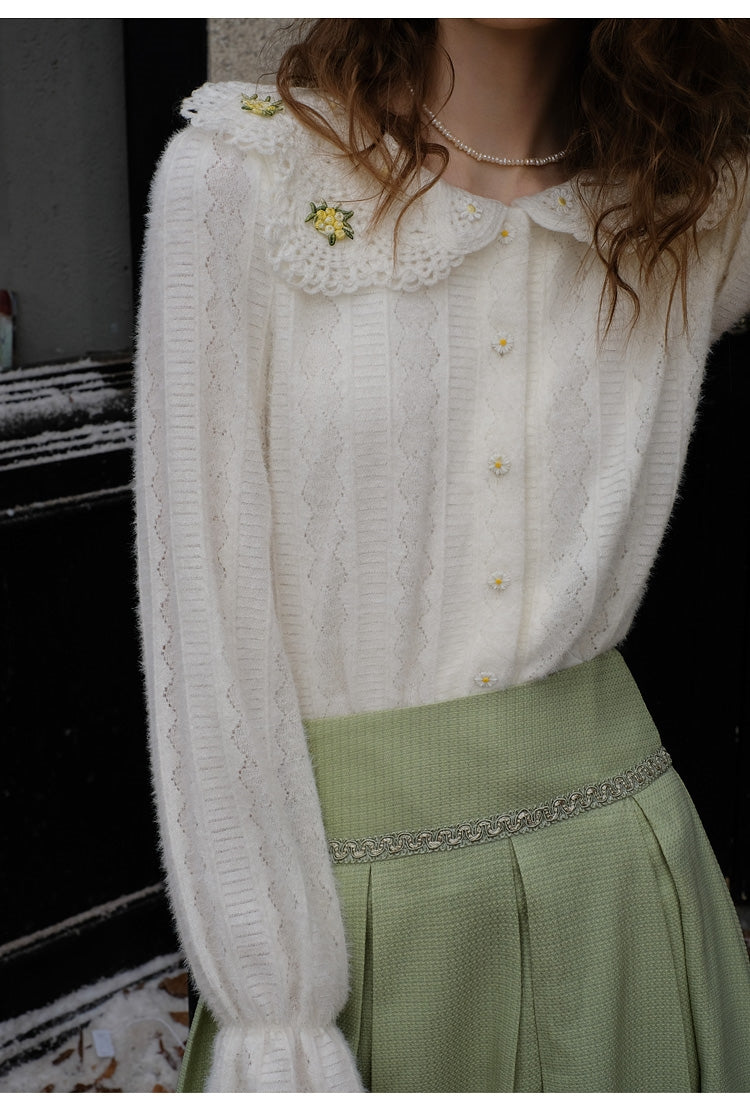 Fluffy Lace Blouse + High Waist Pleated Skirt