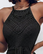 Adjustable Halter Hollow-out Back Ruched Front Slit Dress Guipure Lace Yoke Eyelet Embroidery Vacation Dress