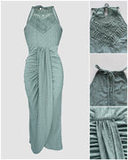 Adjustable Halter Hollow-out Back Ruched Front Slit Dress Guipure Lace Yoke Eyelet Embroidery Vacation Dress