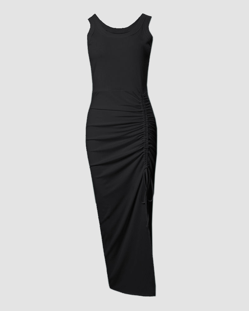 Side Slit Drawstring Ruched Bodycon Casual Sun Maxi Dresses Sleeveless Ribbed Tank Dress