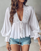 Butterfly Pattern Decor Deep V Neck Long Sleeve Blouse Casual Tie Front Flared Cuffs Lace Trim A-Line Hem Top