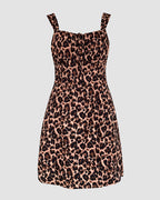 Leopard Print Square Neck Thick Strap Tied Detail Slit Romper Shirred Back Lace-up Skort Romper