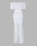 Foldover Off Shoulder Ruched Cinched Waist Minimalist Evening Dress Slim Fit Mermaid Hem Party Dress