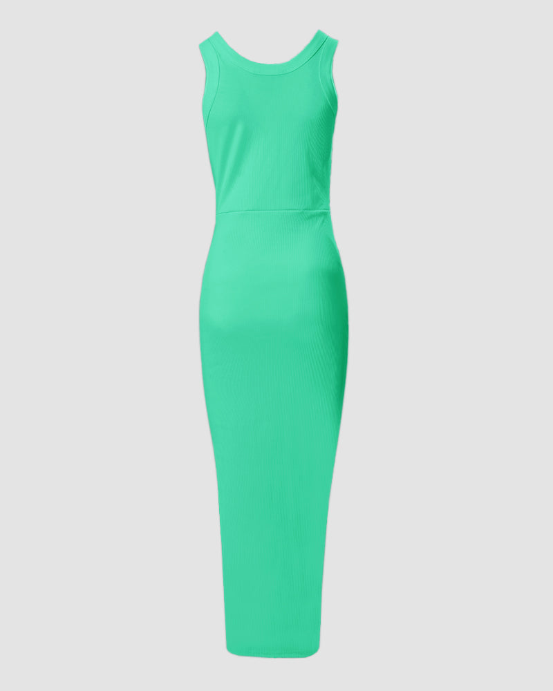 Side Slit Drawstring Ruched Bodycon Casual Sun Maxi Dresses Sleeveless Ribbed Tank Dress