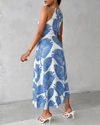 Women's Tropical Palm Leaf Print Halter Tie Midi Dress Sexy Hollow Out Ruched Slit Summer Vacation Dress