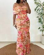 Women's Foldover Off Shoulder Mermaid Dress Ruched Bodycon Leopard Floral Maxi Dress Sexy Tropical Vacation Dress