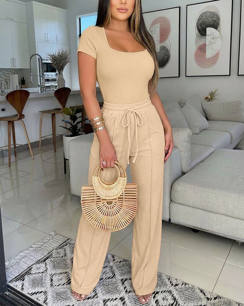 2 Pieces Outfit U-Neck Short Sleeve Slim Fit Ribbed Bodysuit and Drawstring Elastic Waist Seam Front Pants Casual Versatile Set