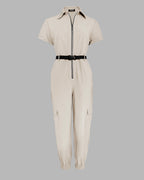 Turn-down Collar Short Sleeve Zipper Front Cuffed Short Jumpsuit Casual Pocket Design Cargo Romper with Belt