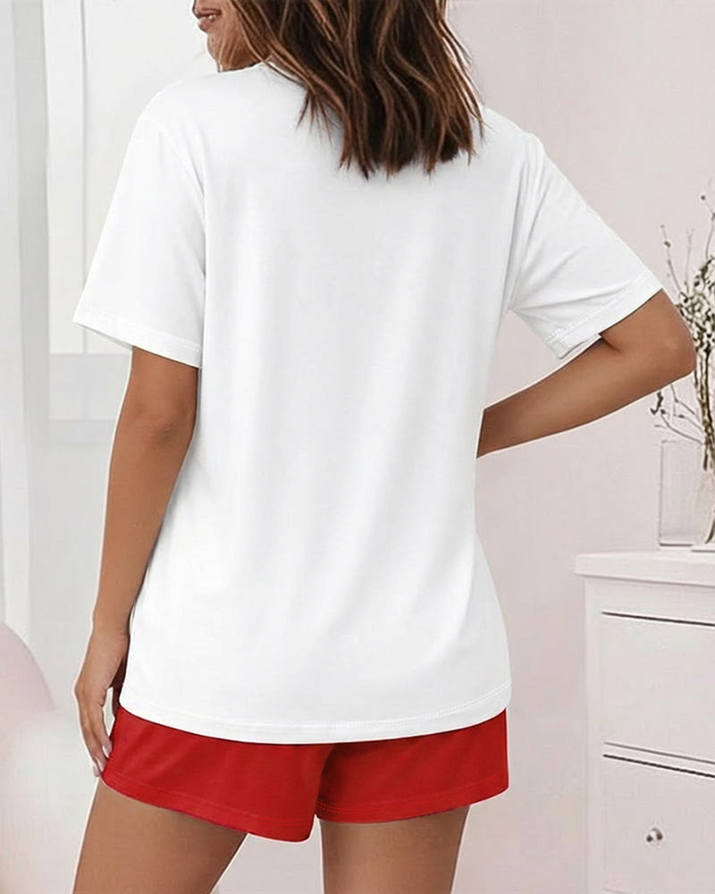 2 Pieces Outfit Graphic Print Round Neck Short Sleeve Top and Elastic Waist Shorts Set Casual Pajamas Set