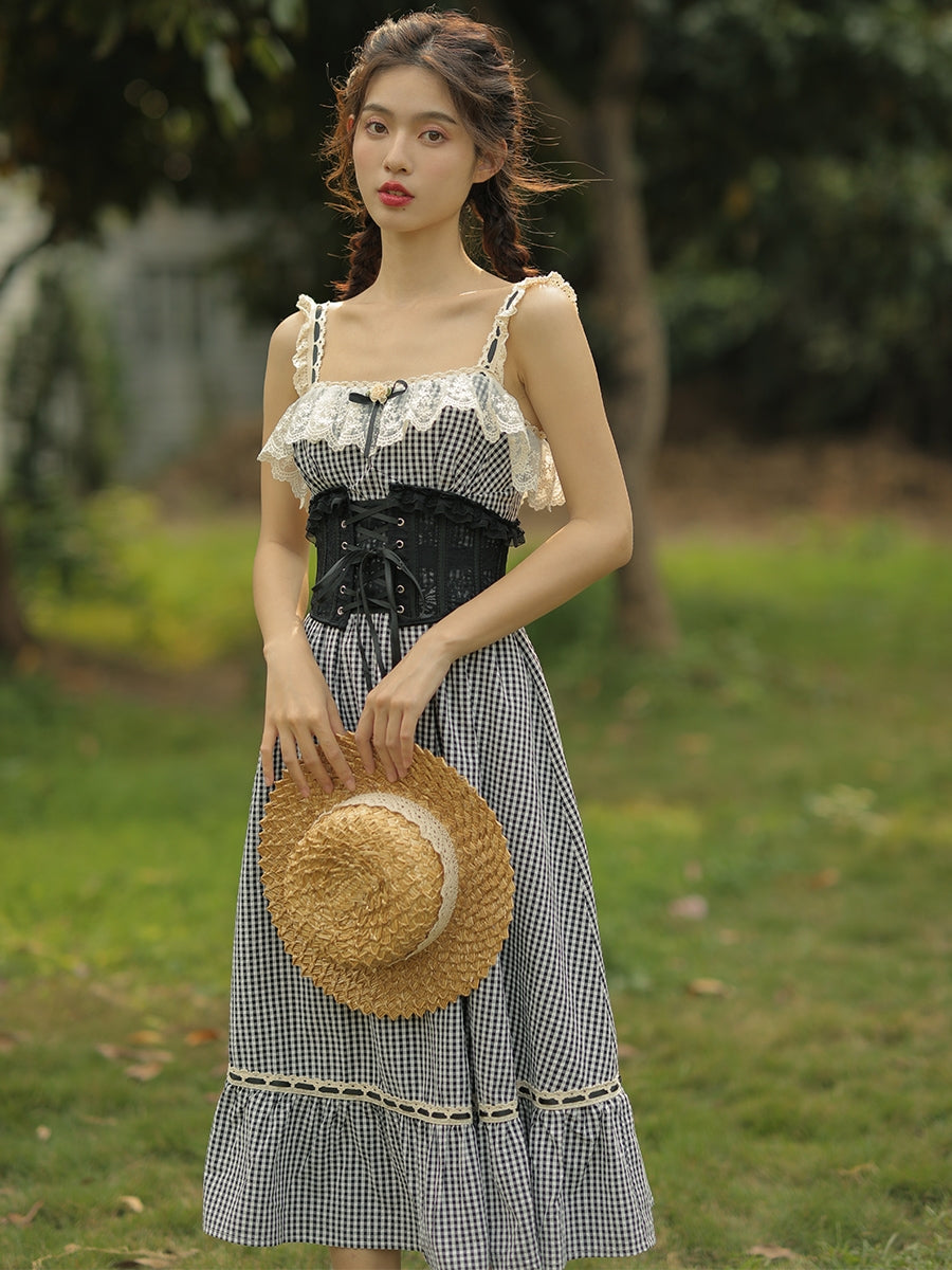 Black Lace Boned Corset + Lace Checkered Slip Dress