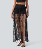 High Waisted 2-in-1 Lace Maxi Casual Skirt with Pocket
