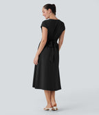 BreezefulTM V Neck Short Sleeve Pocket Tie Back Quick Dry Midi Casual Dress