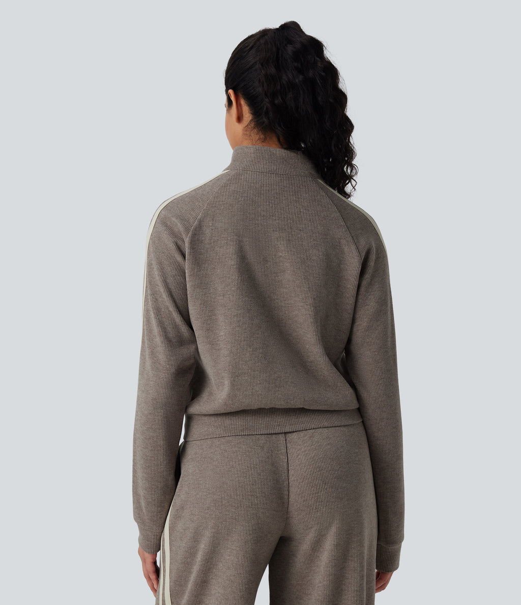 Ribbed Stand Collar Long Sleeve Zipper Color Block Casual Jacket with Pockets