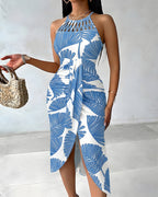 Women's Tropical Palm Leaf Print Halter Tie Midi Dress Sexy Hollow Out Ruched Slit Summer Vacation Dress