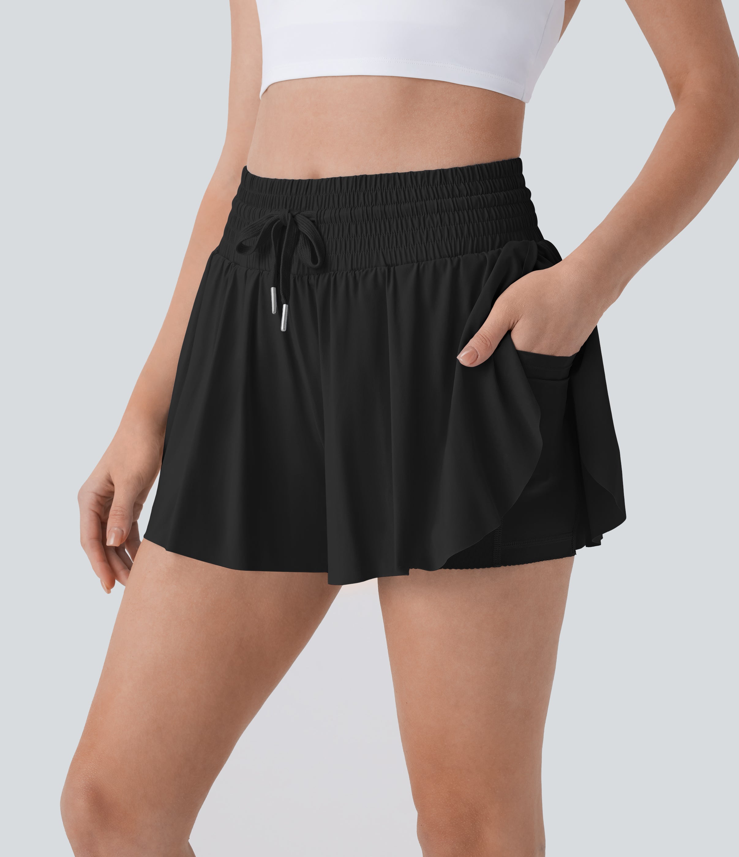 SoCinched High Waisted Tummy Control Drawstring 2-in-1 Anti-slip Hem Cool Touch Yoga Shorts with Pockets-UPF50+