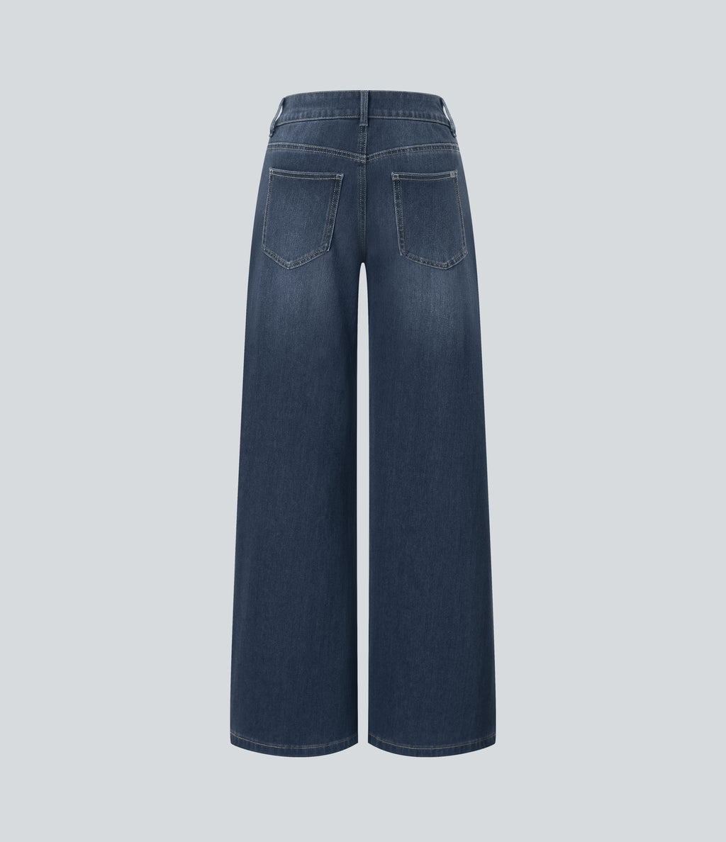 FlexTM Asymmetric Low Rise Zipper Pockets Baggy Wide Leg Washed Casual Jeans