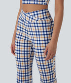Crossover High Waisted Plaid Cool Touch Yoga Flare Leggings with Pocket