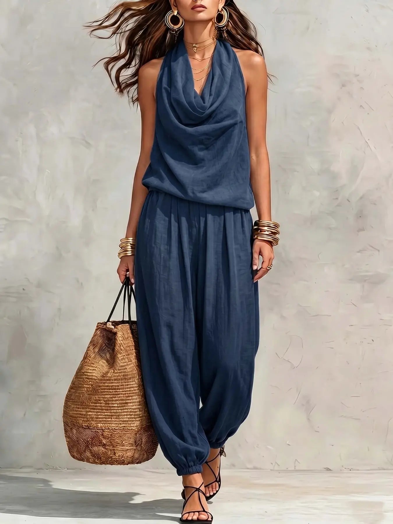 Women's Halter Neck High-Waisted Wide-Leg Pants Set, Loose Sleeveless Breathable Two-Piece, Casual Summer Fashion