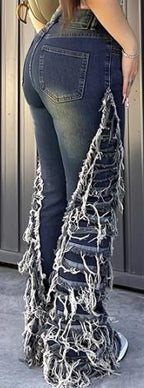 Ladies Patchwork Fringe Washed Casual Jeans